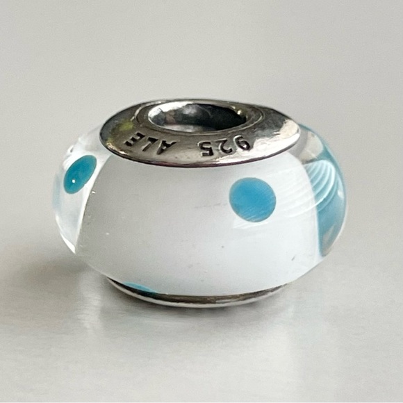 Pandora White & Teal Polka Dots Murano Charm - Picture 4 of 7